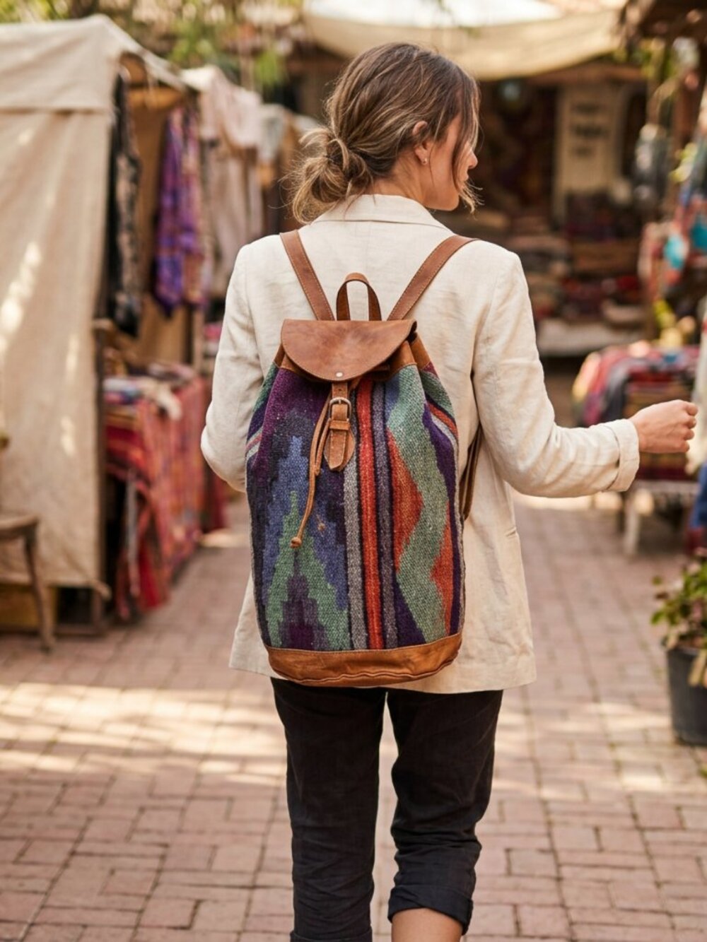 Vtg Handwoven Kilim rug southwestern leather duffle tote bag backpack